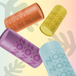 Nöz neon summer collection reef safe sunscreen in mellow yellow, vibrant orange, bay-eautiful blue, and powerful purple